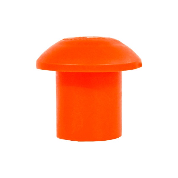 Una imagen aislada de una tapa de plástico de color naranja brillante con forma de hongo, con una parte superior lisa y redondeada y una base cilíndrica, sobre un fondo blanco liso.
