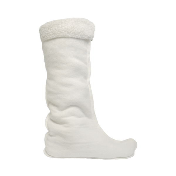 Un calcetín navideño blanco de felpa con forma de bota, con un cuerpo texturizado y un puño suave y esponjoso en la parte superior, aislado sobre un fondo blanco.