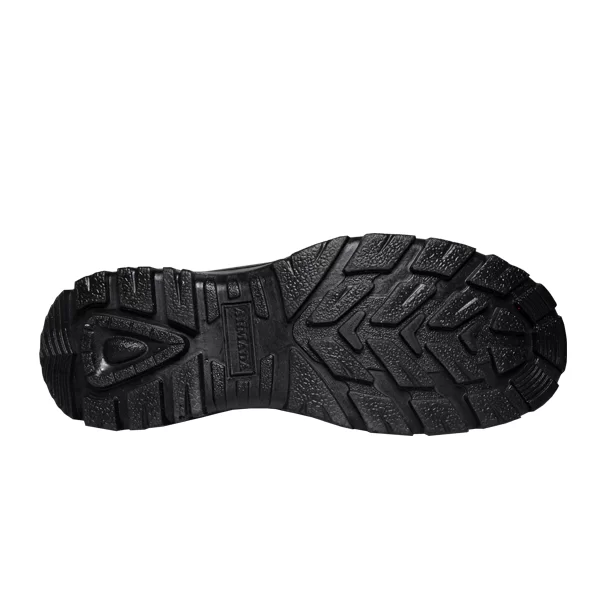 Vista inferior de una suela de zapato negra que presenta un patrón complejo para mayor agarre, con varias formas geométricas y líneas diseñadas para mejorar la tracción en las superficies.