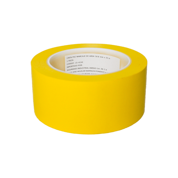 Un rollo de cinta adhesiva de color amarillo brillante sobre un fondo blanco. la cinta presenta una etiqueta interior blanca con texto negro en un idioma extranjero, que proporciona especificaciones del producto e información de la marca.