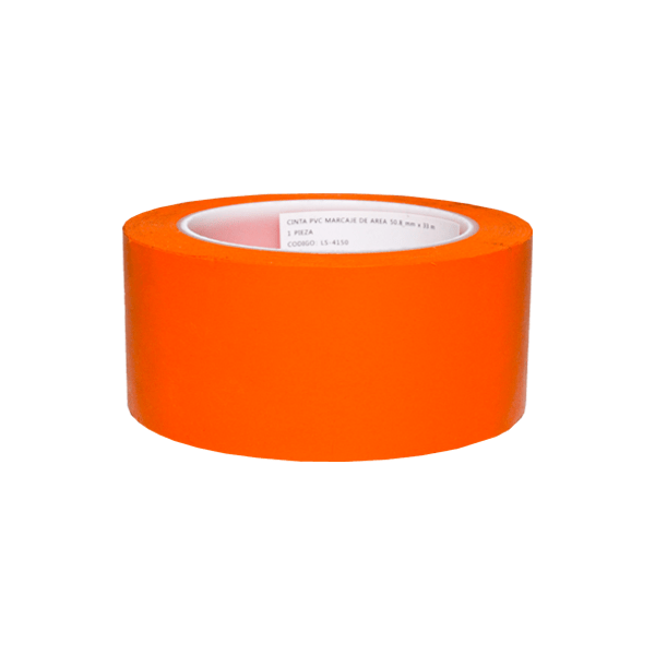Un rollo de cinta de PVC de color naranja brillante con texto blanco que especifica los detalles del producto, centrado en un fondo liso y claro.