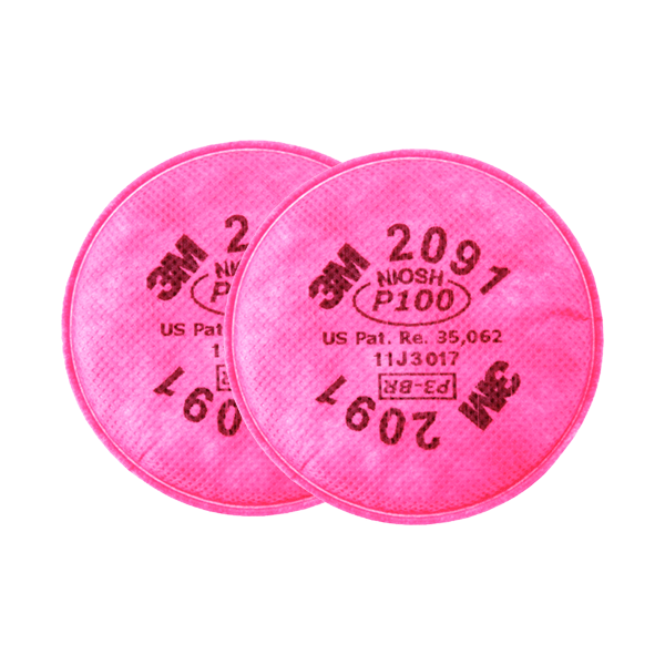 Dos filtros de partículas p100 circulares de color rosa de 3 m para respiradores, cada uno con códigos numéricos y de texto que incluyen "niosh p100", "2091" y números de patente, aislados en un fondo blanco.