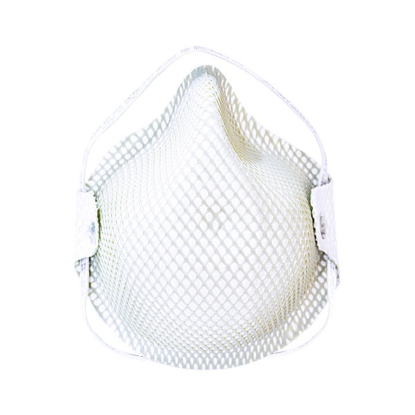 Mascarilla protectora n95 blanca aislada sobre fondo blanco, con un diseño de contorno moldeado con textura de malla para transpirabilidad y correas ajustables en los laterales.