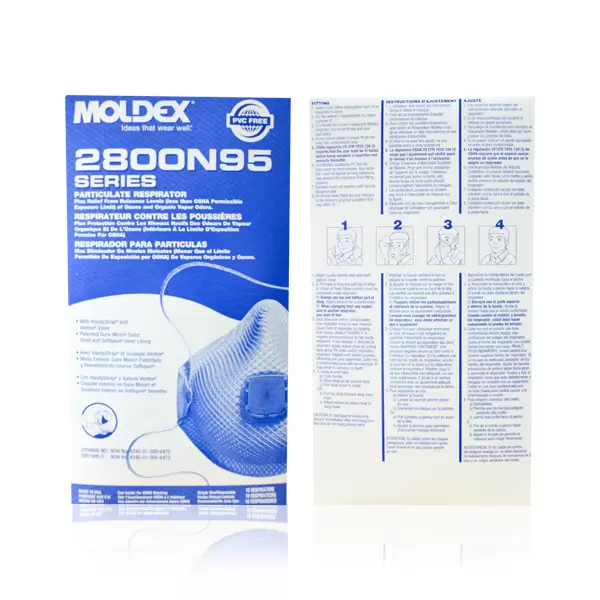 Imagen del empaque de un respirador para partículas Moldex serie 2800n95. el frente muestra el producto con detalles, y la parte trasera tiene instrucciones de uso multilingües, en colores azul y blanco.