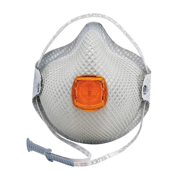 Una mascarilla respiratoria n95 con una válvula central naranja, vista desde el frente. La máscara es blanca con un diseño texturizado, con correas elásticas grises ajustables y un clip para la nariz.