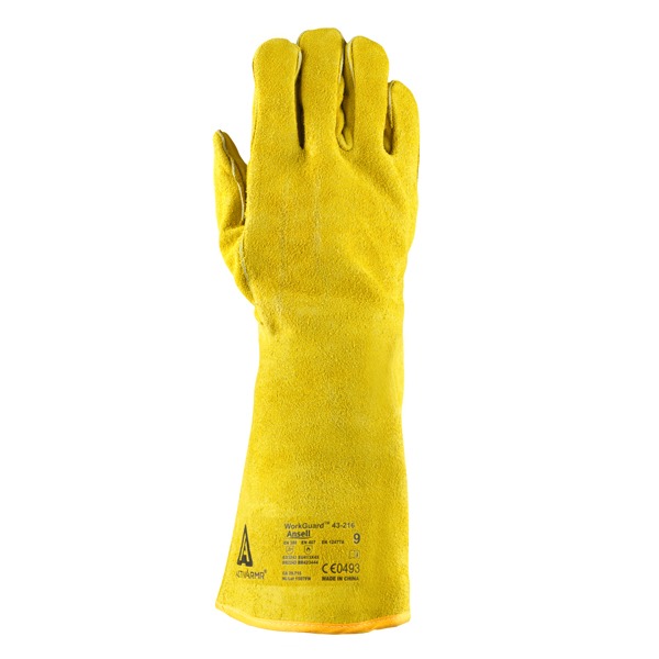 Un solo guante de trabajo amarillo hecho de un material duradero, fotografiado sobre un fondo blanco. el guante está en posición vertical, mostrando el lado de la palma con costuras protectoras visibles y marcas de certificación de seguridad.