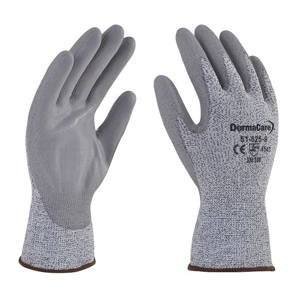 Un par de guantes de trabajo grises con un lado recubierto de un material suave y brillante y el otro lado mostrando una tela texturizada. el guante izquierdo muestra marcas de marca y certificación.