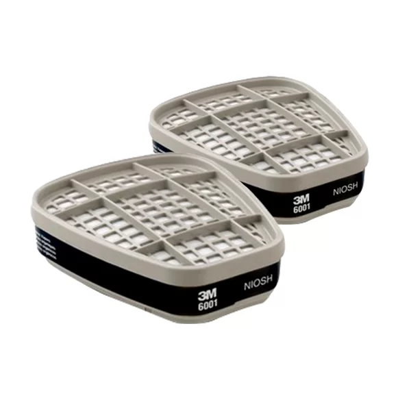 Dos cartuchos de vapor orgánico 3m 6001 aislados sobre un fondo blanco. Los cartuchos tienen forma ovalada y son de color gris y negro con rejillas de filtro de aire visibles y etiquetas impresas.