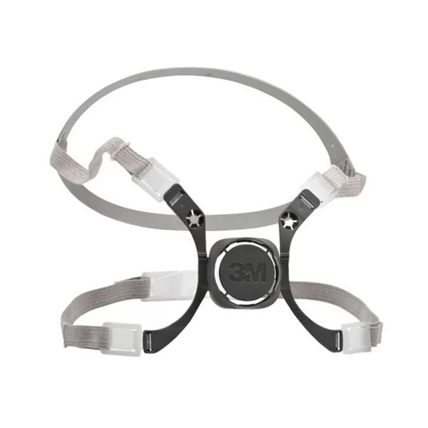 Un arnés para la cabeza gris de 3 m con la marca y cuatro correas ajustables, con conectores en blanco y negro y remaches en forma de estrella, sobre un fondo blanco liso.