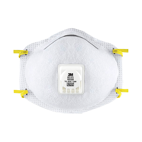 Una mascarilla respiratoria n95 de 3 m, vista desde el frente, con un exterior blanco con cuatro bandas elásticas amarillas para asegurarla alrededor de la cabeza. La mascarilla tiene una etiqueta visible a 3 m y un número de modelo en una válvula rectangular central.