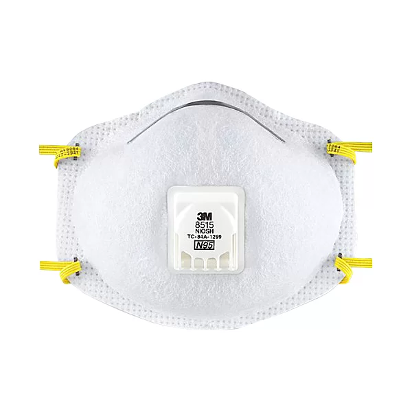 Una mascarilla respiratoria n95 de 3 m, vista desde el frente, con un exterior blanco con cuatro bandas elásticas amarillas para asegurarla alrededor de la cabeza. La mascarilla tiene una etiqueta visible a 3 m y un número de modelo en una válvula rectangular central.