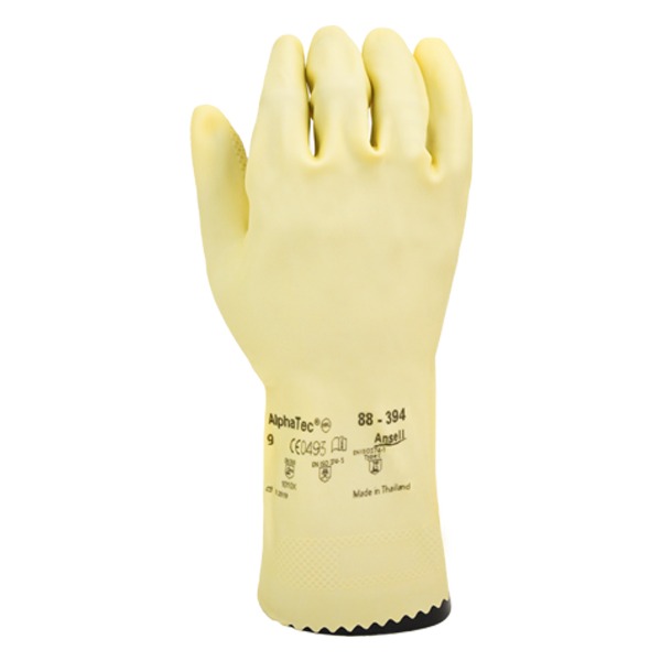 Un único guante de goma amarillo para la mano izquierda, con detalles de agarre negro en el puño y especificaciones impresas en la parte posterior, incluida la marca "ansell" y el modelo "alphatec® 88-394". Hecho en Tailandia.