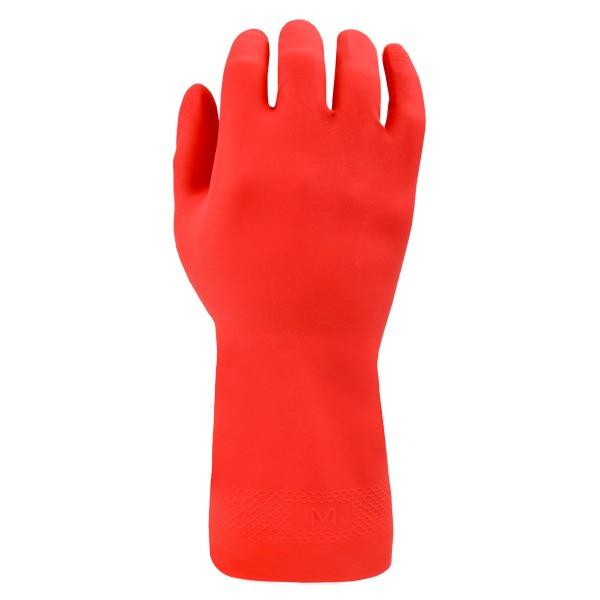 Un guante de goma de tamaño mediano, de color rojo brillante, aislado sobre un fondo blanco. El guante, diseñado para uso con la mano derecha, presenta un agarre texturizado en la palma y los dedos para mejorar el manejo.