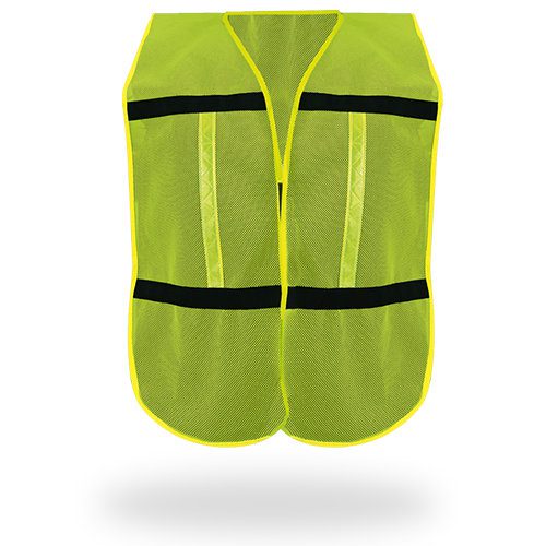 Un chaleco de seguridad de alta visibilidad de color amarillo brillante con franjas plateadas reflectantes. el chaleco no tiene mangas y presenta un cierre de cremallera frontal, que se muestra sobre un fondo blanco.