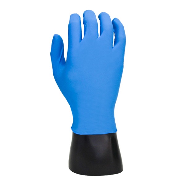 Un guante de látex azul brillante Safety Zone GNPR-T-1M exhibido sobre un soporte cilíndrico negro sobre un fondo blanco. El guante está completamente expandido, mostrando los cinco dedos en una posición natural como si