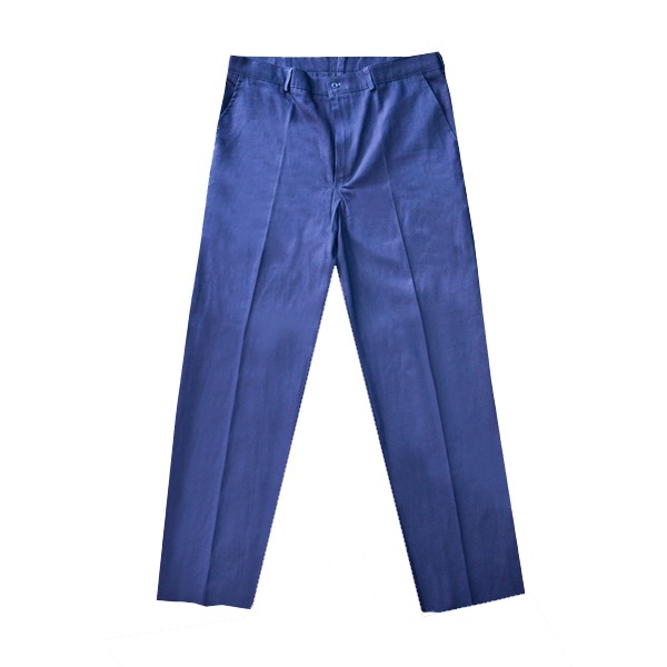 Un par de pantalones de vestir azul marino colocados sobre un fondo blanco, que muestran una vista frontal con una cremallera visible y un cierre de botón en la parte superior. los pantalones parecen estar hechos de una tela suave y brillante.