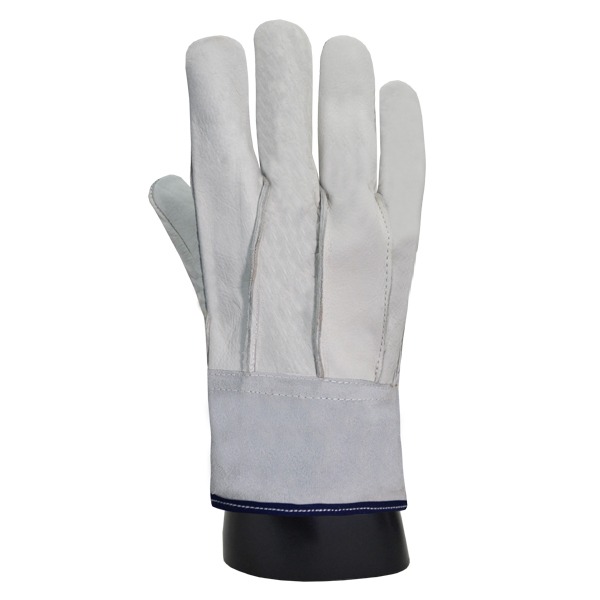 Un único guante de trabajo de cuero blanco exhibido sobre un fondo blanco, con refuerzo de cuero gris en las áreas de la palma, el pulgar y el puño. el guante se muestra sobre un soporte cilíndrico negro.