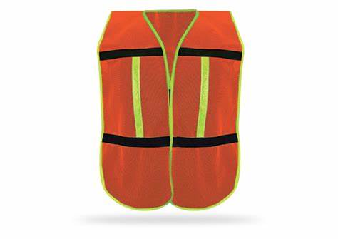Chaleco de seguridad de color naranja brillante con rayas plateadas reflectantes en la parte delantera y trasera, con cierre de cremallera, sobre un fondo blanco. el chaleco está diseñado para una alta visibilidad.