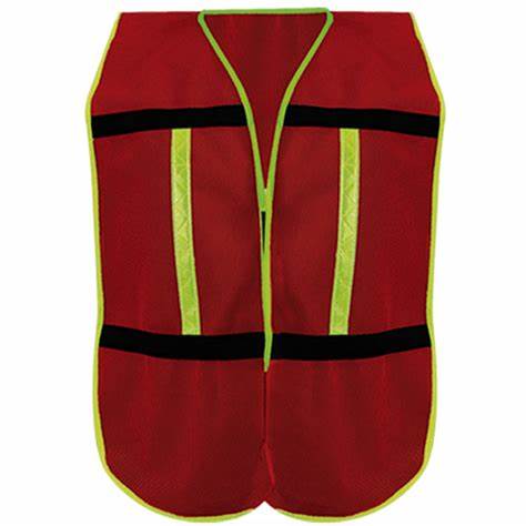 Chaleco de seguridad rojo con franjas amarillas reflectantes, con una franja vertical a cada lado y una franja horizontal alrededor del medio, con cierre de cremallera en la parte delantera.