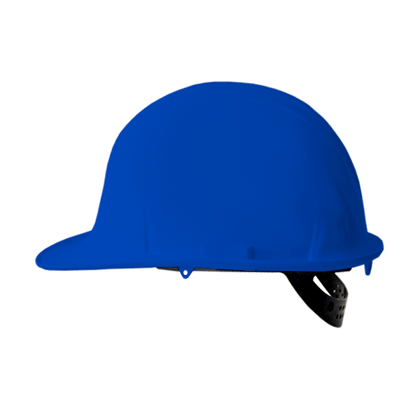 Un casco de seguridad azul brillante con una carcasa lisa y redondeada y una correa ajustable negra, diseñado para uso industrial o de construcción, mostrado sobre un fondo liso.