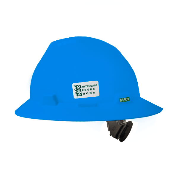 Un casco azul brillante con una correa ajustable y una pegatina que dice "mantenase seguro ahora" junto con el logotipo de msa. el fondo es blanco liso.