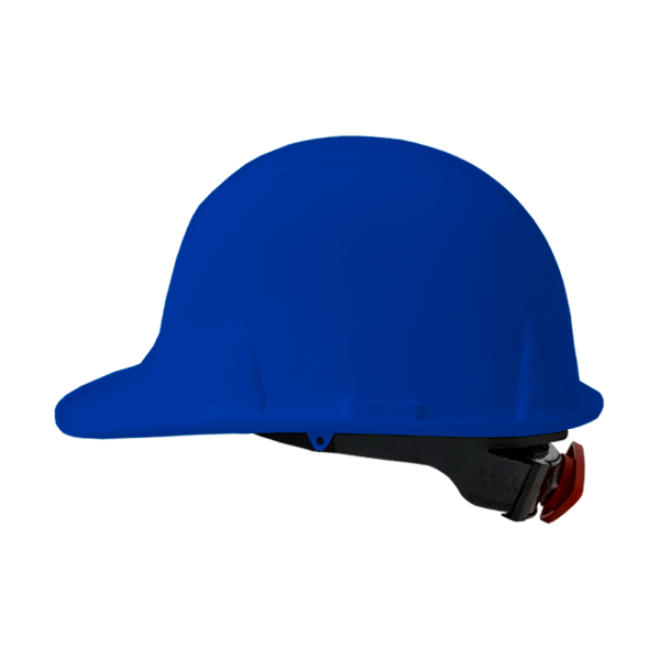 Un casco azul brillante con un acabado brillante y una correa ajustable, aislado sobre un fondo blanco liso. El casco de seguridad está diseñado para proteger la cabeza en entornos industriales o de construcción.