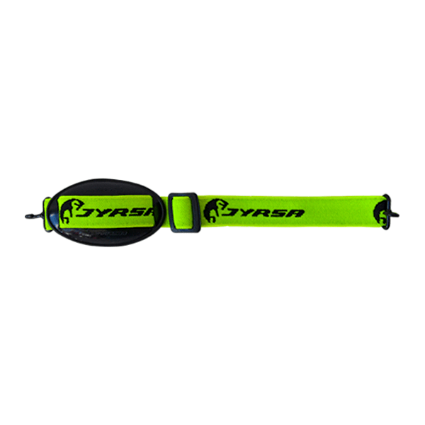 Una correa para gafas de esquí de color verde neón con el logotipo "ryrsa" en una fuente negra estilizada. La correa presenta deslizadores de ajuste negros y un clip central en color verde a juego.