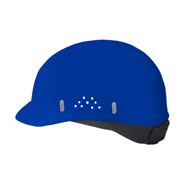 Un casco de seguridad de color azul brillante con una parte superior redondeada y lisa y un ala corta. Cuenta con salidas de aire en la parte delantera y correas ajustables visibles en la parte posterior, diseñadas para garantizar un ajuste seguro.