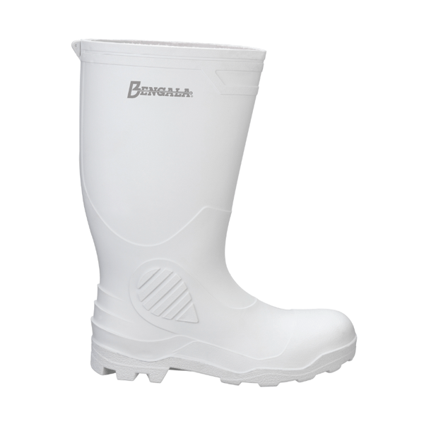 Una bota de goma industrial blanca con un diseño reforzado y suela texturizada, con una etiqueta en la parte superior del eje que dice "botas bekina". La bota está diseñada para trabajos pesados y seguros.