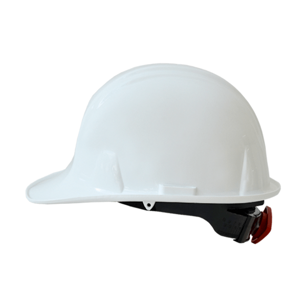 Un casco de seguridad blanco, visto desde un lado, con una correa ajustable visible en la parte posterior, colocado sobre un fondo blanco liso.