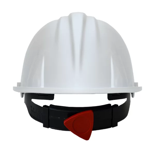 Un casco de construcción blanco con una superficie texturizada y una diadema ajustable negra con un dial de ajuste rojo prominente. El casco está fotografiado sobre un fondo blanco, enfatizando su aspecto limpio y profesional.