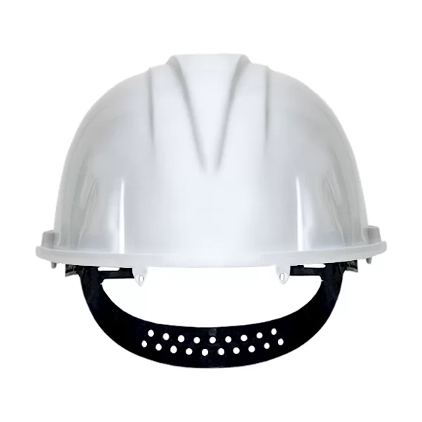 Casco de seguridad blanco con correa negra frontal, diseñado para uso industrial. El casco está fotografiado sobre un fondo blanco, destacando su superficie lisa y reflectante y su construcción robusta.