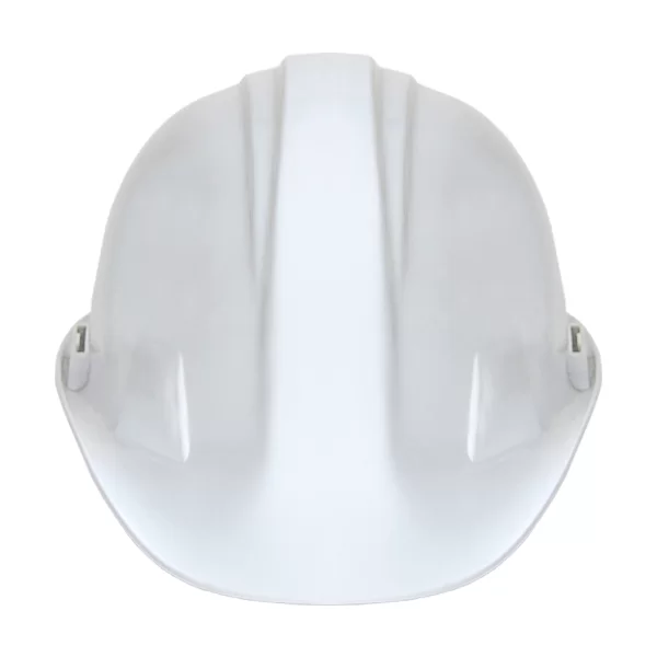 Casco de construcción blanco visto desde el frente, con un diseño elegante con parte superior redondeada y crestas, aislado sobre un fondo blanco.