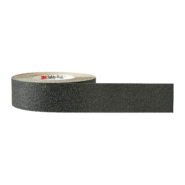 Un rollo de cinta antideslizante para caminatas de seguridad de 3 m con una sección desenrollada, que muestra su superficie granulada y texturizada en color gris, aislada sobre un fondo blanco.