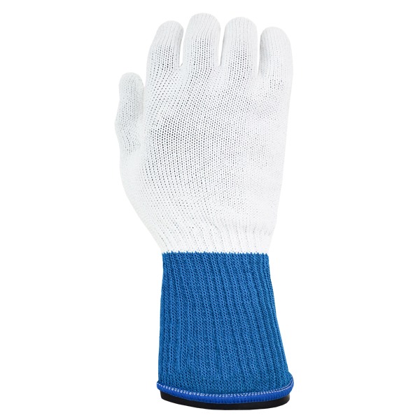 Un único guante de seguridad tejido de color blanco con una muñequera elástica azul, presentado verticalmente sobre un fondo blanco liso, enfatizando su textura y diseño protector.