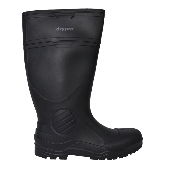 Una bota de goma negra impermeable con suela gruesa, puntera reforzada y etiqueta "drypro" cerca de la parte superior. El diseño de la bota incluye segmentos contorneados para mayor flexibilidad y una suela texturizada para mayor agarre.