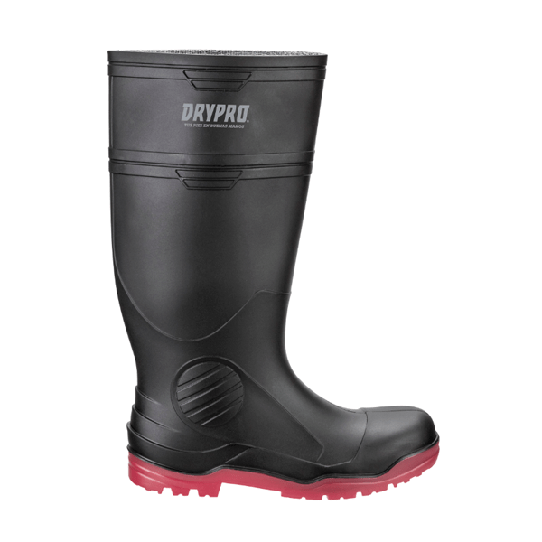 Una bota de goma impermeable negra con suela roja. La bota presenta un diseño texturizado en la parte superior con la marca "drypro" en relieve y un refuerzo alrededor del pie y la zona del talón.