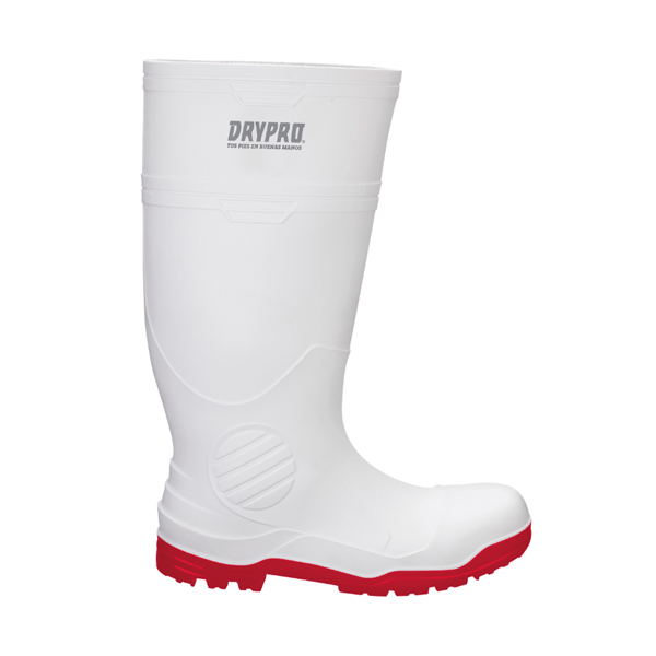 Bota de goma blanca con suela roja, con el logo "drypro" en la parte superior y un diseño circular en el lateral. La bota está diseñada para ofrecer protección impermeable y parece robusta e industrial.