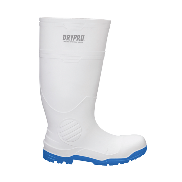 Bota industrial de caucho blanca con suela azul, con la marca "drypro" en la parte superior, con un diseño impermeable ideal para ambientes húmedos, aislada sobre un fondo blanco.