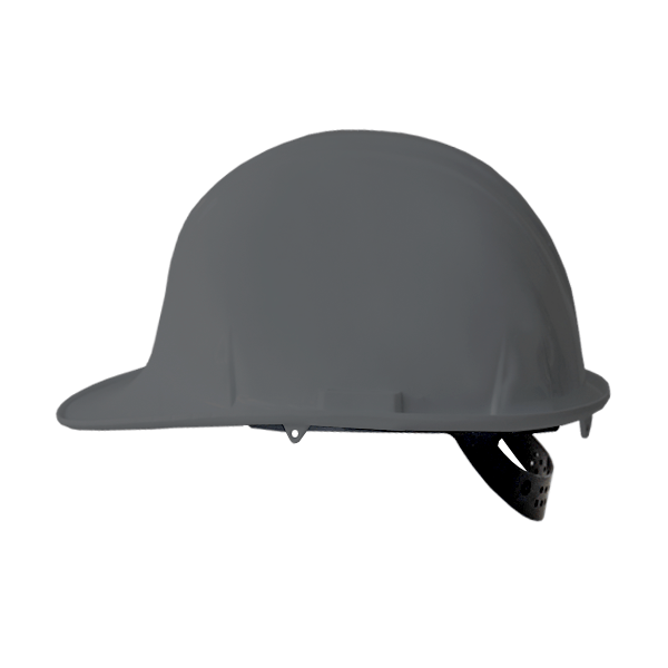 Un casco de seguridad para la construcción gris con una carcasa lisa y redondeada y una correa negra ajustable, visto desde un ángulo lateral sobre un fondo claro.