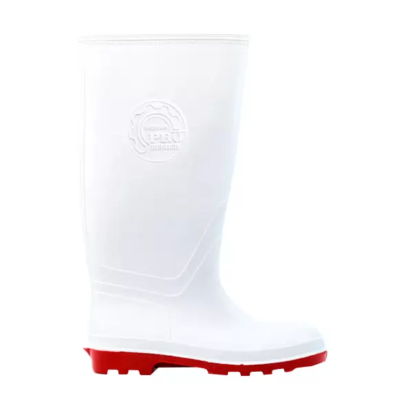 Una bota de goma blanca con suela roja. la bota presenta un logotipo circular en relieve en el lateral, que indica una marca específica. el fondo es blanco liso, resaltando los detalles del producto.