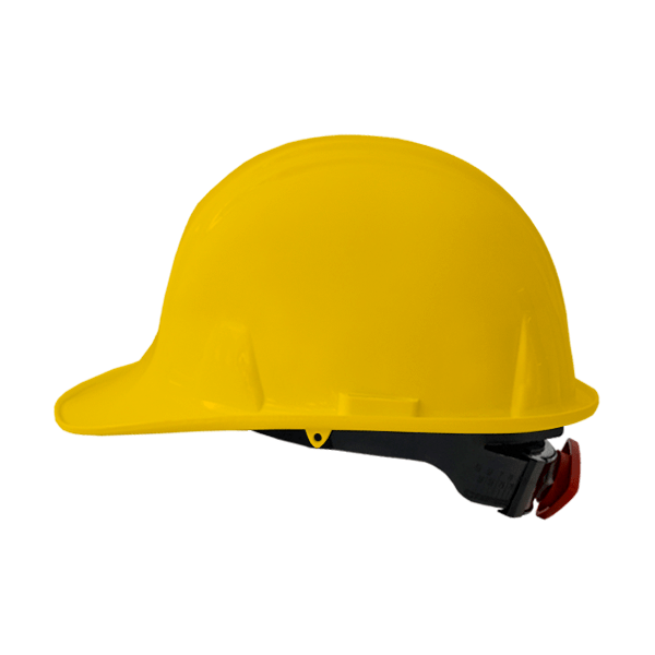 Un casco de seguridad de color amarillo brillante, comúnmente utilizado en la construcción, con una correa ajustable negra, exhibido sobre un fondo blanco liso. el casco tiene una forma curva y un acabado liso y brillante.