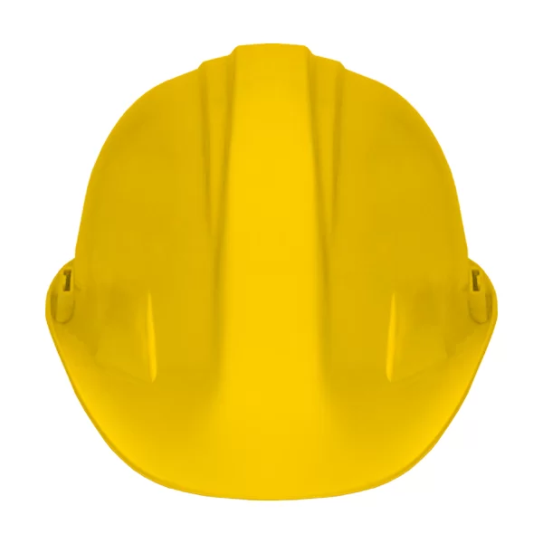 Un casco de construcción de color amarillo brillante visto desde el frente, mostrando sus crestas simétricas y ligeras curvas cerca del ala, aislado sobre un fondo blanco.