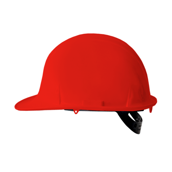 Un casco de construcción de color rojo brillante con una carcasa lisa y redondeada y una correa negra ajustable en la parte posterior, aislado sobre un fondo blanco.