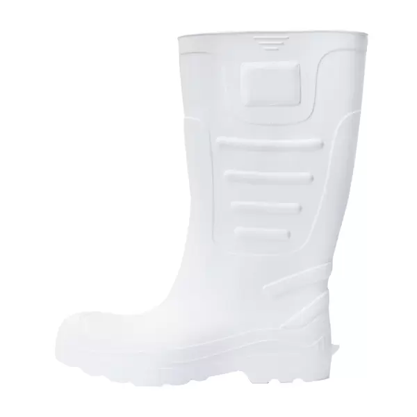 Bota de goma blanca hasta la rodilla con suela texturizada, parte superior lisa y características de diseño reforzadas alrededor de la espinilla y el pie para mayor protección, aisladas sobre un fondo blanco.