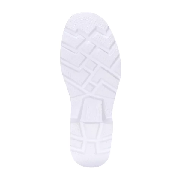 Una vista de primer plano de una suela de zapato blanca con un patrón geométrico detallado diseñado para brindar tracción, con varias formas y múltiples texturas pequeñas.