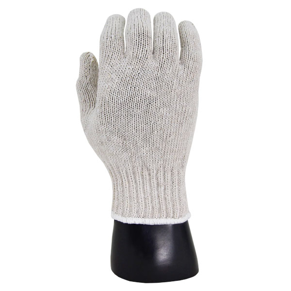 Un guante de seguridad de punto blanco mostrado en una mano de maniquí negro, aislado sobre un fondo blanco liso. el guante parece duradero, con una superficie texturizada adecuada para el agarre.