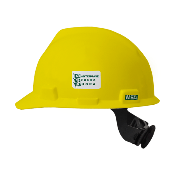 Un casco de seguridad de color amarillo brillante con una correa negra ajustable en la parte posterior. el casco cuenta con una pegatina con el texto "mantengase seguro ahora" y el logo de msa, una empresa de equipos de seguridad.