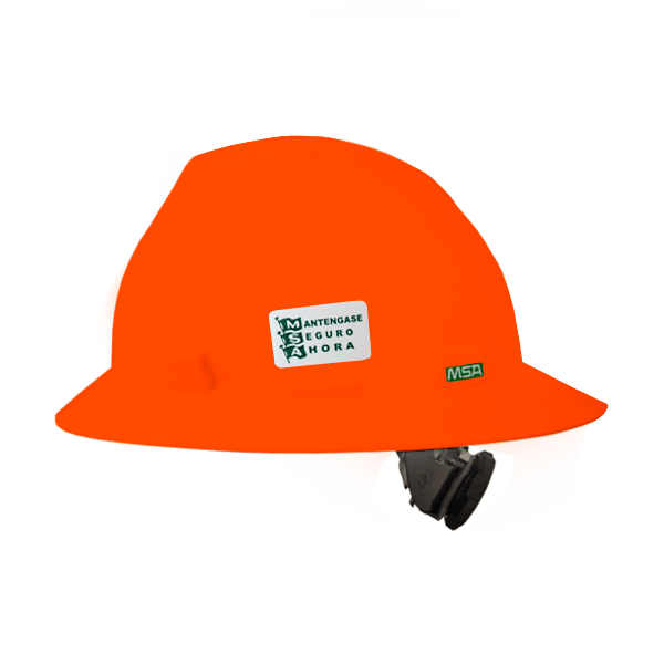 Un casco de seguridad de color naranja brillante con una correa negra ajustable. una etiqueta al costado dice "manténgase seguro ahora" con el logo "15" y la marca "msa".