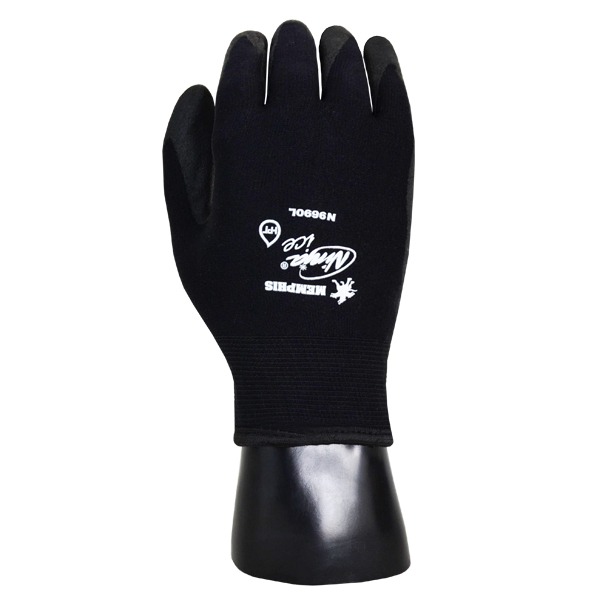 Guante de trabajo negro con una capa de agarre texturizada en la palma y los dedos, mostrado sobre un fondo blanco. la parte posterior del guante presenta un logo con texto y un diseño de copo de nieve.